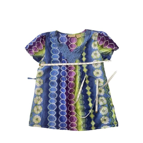 Short Sleeve Tie Dye Floral Multicolor Tie Back Tunic Top Artsy Size Small - Picture 6 of 7